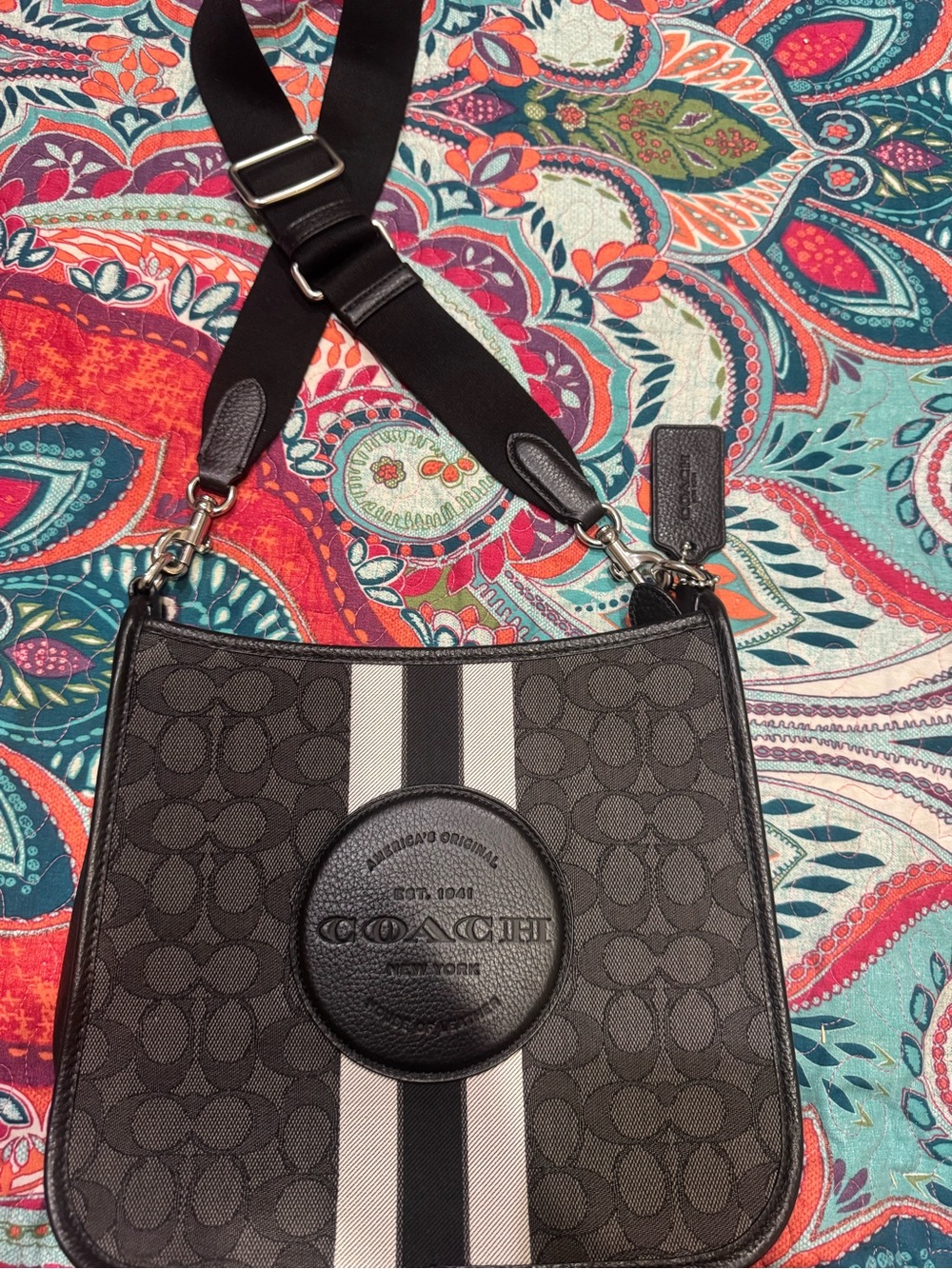 Coach Black Signature Canvas Messenger Bag with White and Gray Stripe